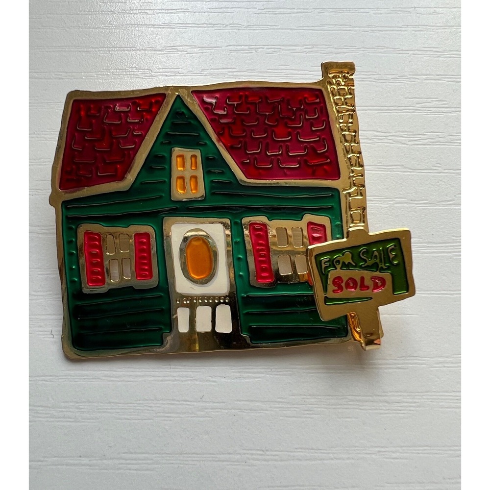 Real Estate House Home Pin Brooch "Sold" Sign Red Green And Gold For Realtors